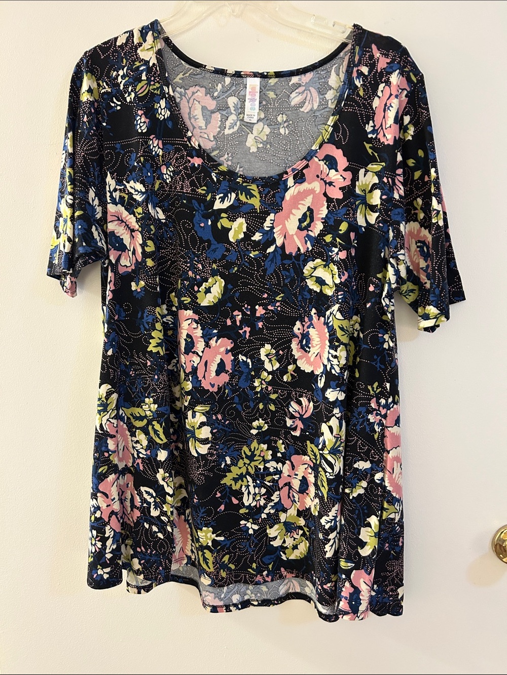 LuLaRoe Floral Scoop Neck Top - Navy, Pink & Yellow